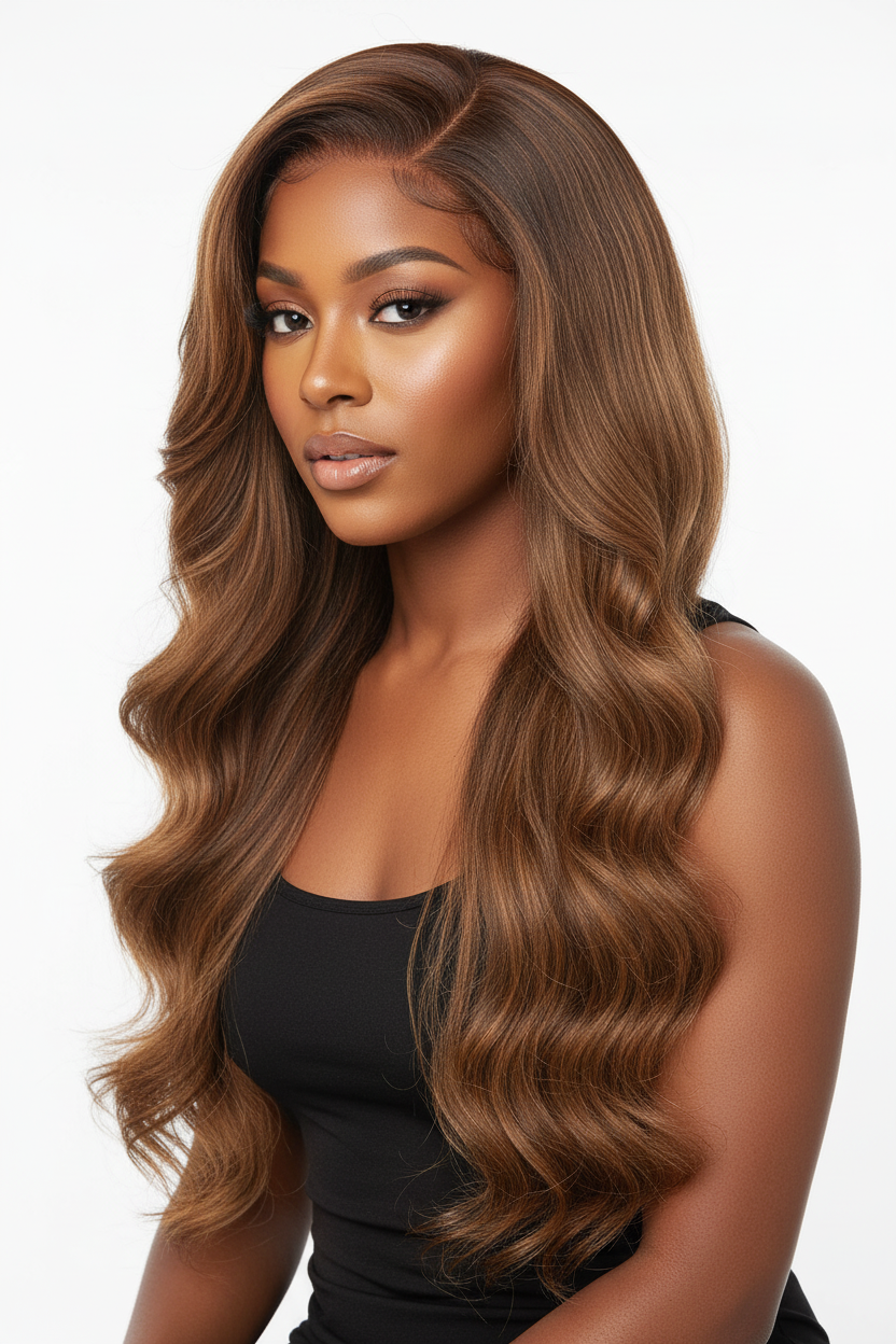 Beautiful Black woman model wearing lighter chocolate brown body wave wig with side parting
