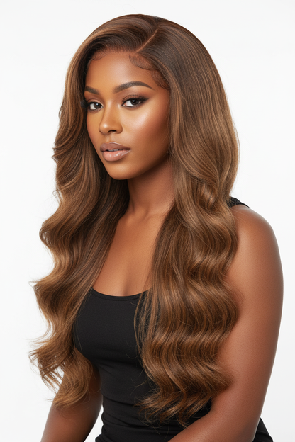 Beautiful Black woman model wearing lighter chocolate brown body wave wig with side parting