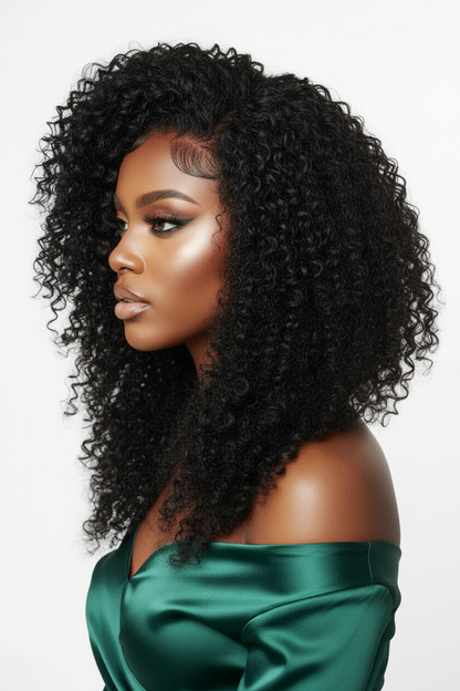 Beautiful Black woman wearing Raw Burmese Curly Hair Wig - side profile